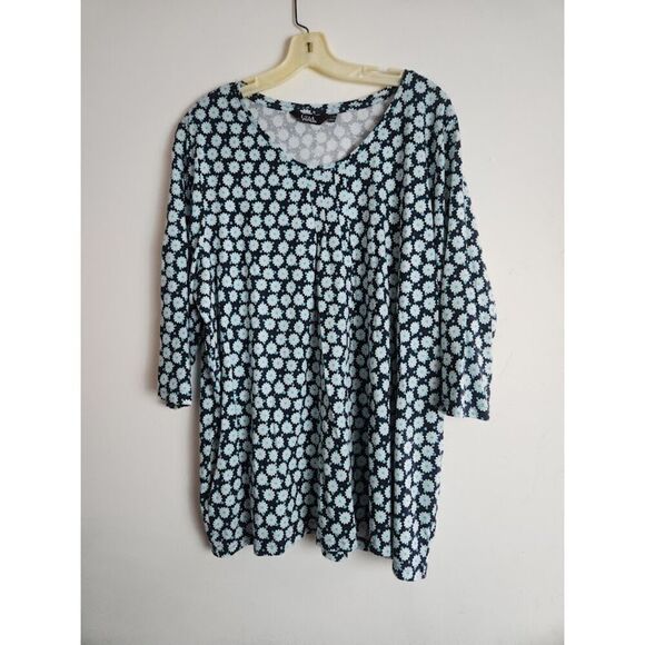 Ulla Popken Black w/Teal & White Floral Print 100% Cotton Knit Blouse size 20/22 - Picture 1 of 7